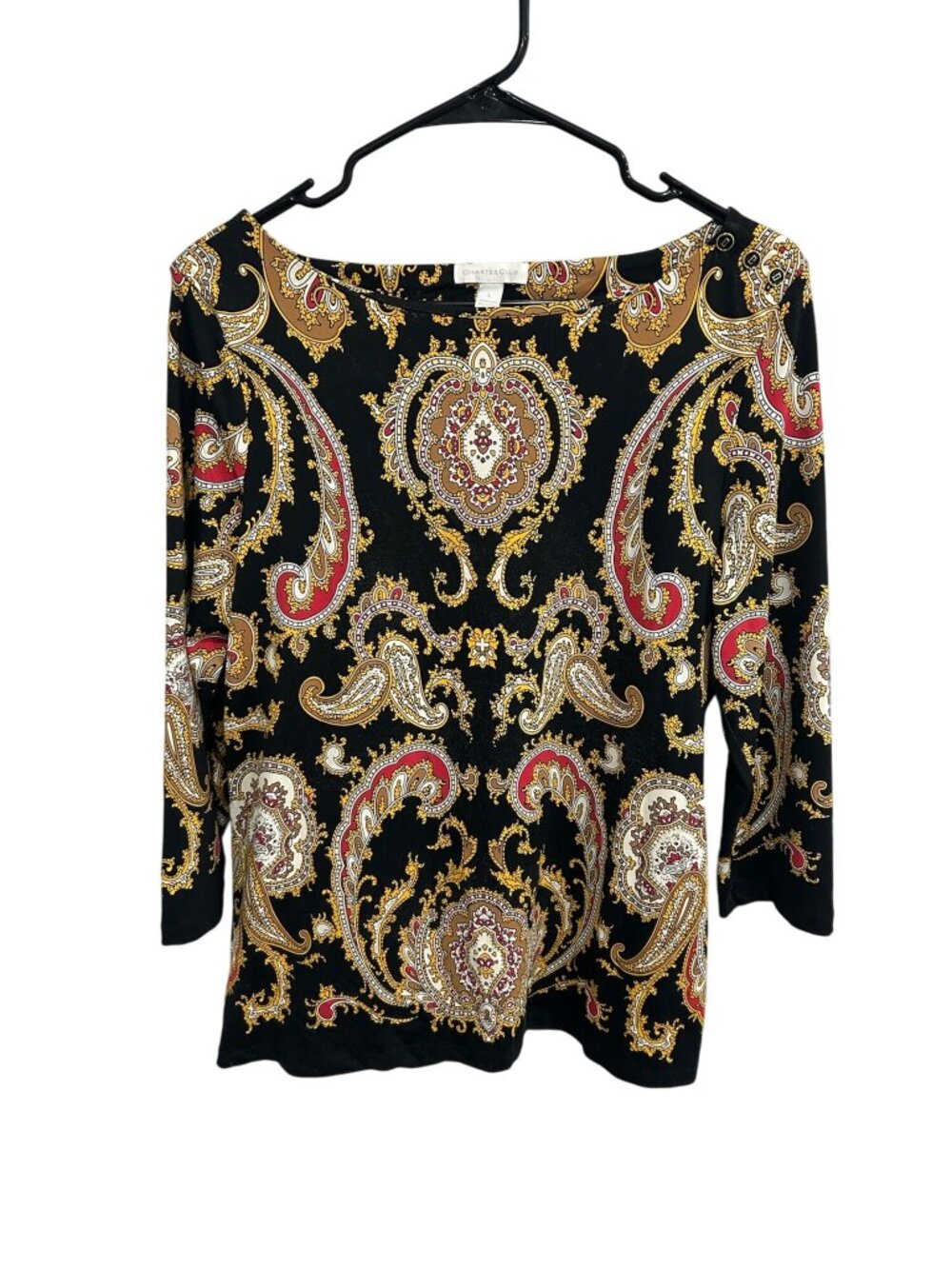 Charter Club Paisley Boat Neck 3/4 Top Black Gold Sz Large Boho Whimsigoth